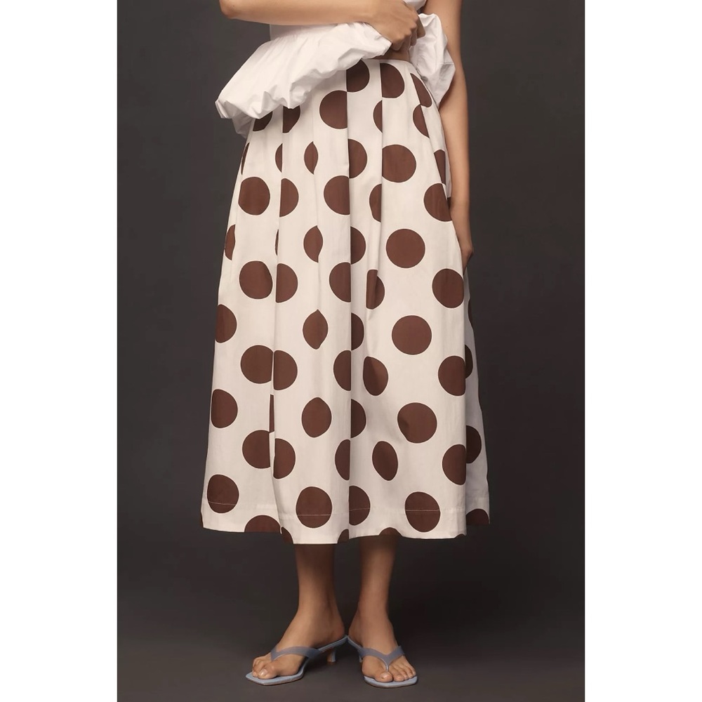 NWT Anthro Maeve Cotton Poplin Pleated Cream and Brown Polka Dot Midi Skirt XS - Picture 6 of 15